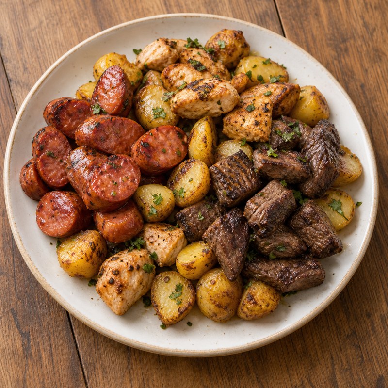 Picada de chorizos, papa, pollo y carne